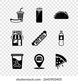 Set Soda and hotdog, Burrito, Taco with tortilla, Glass water, Location burger, Slice of pizza, Pizzeria building facade and Hotdog sandwich icon. Vector