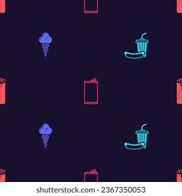 Set Soda and hotdog, Ice cream in waffle cone, Aluminum can and Burrito on seamless pattern. Vector