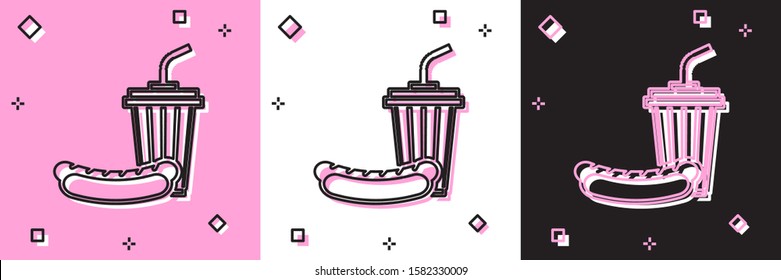 Set Soda and hotdog icon isolated on pink and white, black background. Fast food symbol.  Vector Illustration