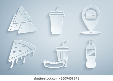 Set Soda and hotdog, Location with burger, Slice of pizza, Bottle water, Glass and Nachos icon. Vector