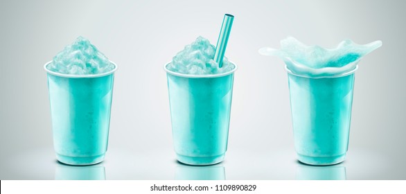 Set of soda ice shaved in takeaway cup, 3d illustration drink mockup template