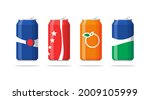 A set of soda icons in colored aluminum cans. A sign of soft drinks. Vector illustration in cartoon style, isolated on a white background.