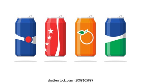 A set of soda icons in colored aluminum cans. A sign of soft drinks. Vector illustration in cartoon style, isolated on a white background.