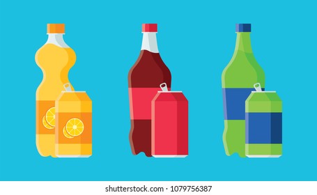 Set of soda in plastic bottles and aluminum cans in flat style with long shadow isolated on blue background. Collection of soda and juice vector illustration for web and mobile design.