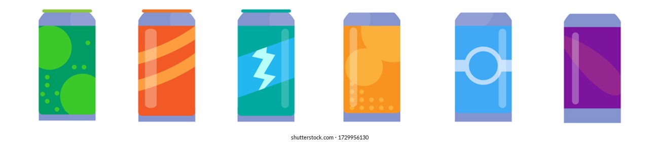 Set of soda in plastic bottles and aluminum cans in flat style isolated on white background. Different cold drinks in bottle, carbonated water with flavors, soda cans for vending machine. Vector.