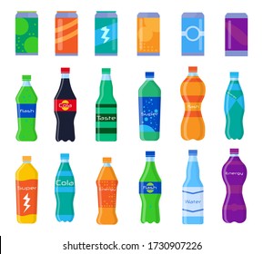Set of soda in plastic bottles and aluminum cans in flat style isolated on white background. Different cold drinks in bottle, carbonated water with flavors, soda cans for vending machine. Vector.