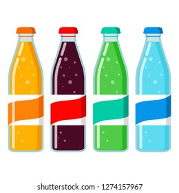 Set of soda water bottle glass with red lable. Orange, grape lemonade. Mineral water.Flat vector.