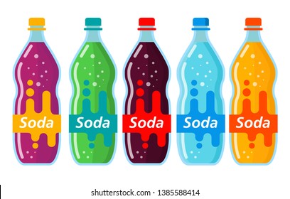 Set of soda water bottle glass with red lable. Orange, grape lemonade. Mineral water.The aerated sweet drink.Sparkling beverage fruit-flavored.Flat vector.
