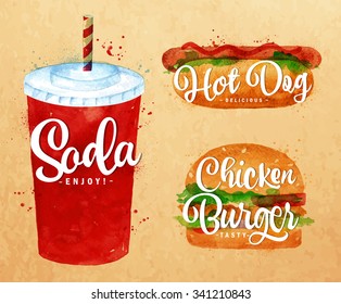 Set Of Soda Water, Hot Dog And Chicken Burger Drawing With Color Paint On Kraft Background.