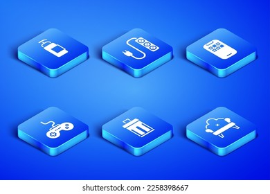 Set Sofa, Antibacterial soap, Trash can, Gamepad, Electric extension and Mobile Apps icon. Vector