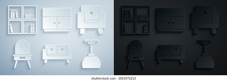 Set Sofá, Sillón, Mesa de vestir, Lámpara colgante, Armario y estante con icono de libros. Vector