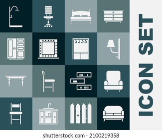 Set Sofa, Armchair, Wall sconce, Big bed, Makeup mirror with lights, Wardrobe, Shower and  icon. Vector