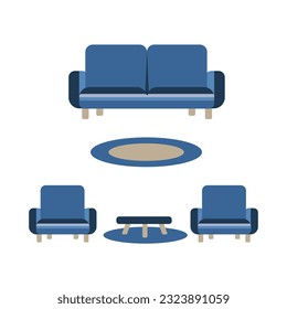 Set sofa with armchairs, table and carpet. Flat vector illustration. The interior of a cozy living room in a classic style.
