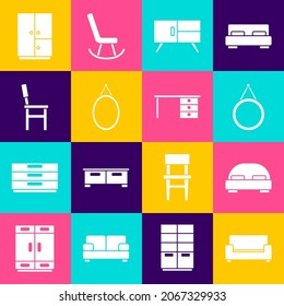 Set Sofa, Big bed, Mirror, Chest drawers, Chair, Wardrobe and Office desk icon. Vector