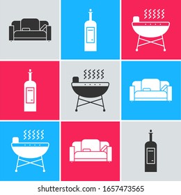 Set Sofa , Bottle of wine  and Barbecue grill  icon. Vector