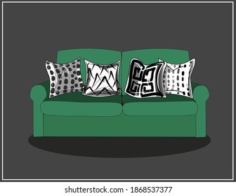 A set of sofa and bright pastel throw pillows. All items are isolated, can be moved and enlarged, reduced. Interior Design. Sofa and armchair, furniture. Vector isolated objects.