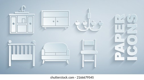 Set Sofa, Chandelier, Baby crib cradle bed, Chair, Chest drawers and Washbasin cabinet with tap icon. Vector