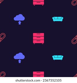 Set Sofa, Cloud upload, Furniture nightstand and Chain link on seamless pattern. Vector