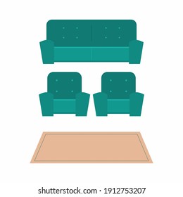 Conjunto de sofás. Colección de sillas y sofás dibujos animados de mobiliario plano con diferentes modelos de iconos de los sofás. Cómodo salón de decoración interior aislado de fondo blanco. Ilustración del vector