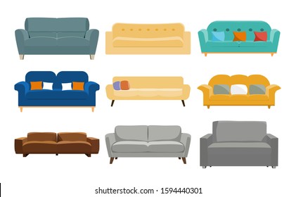 Set of sofa. Collection of sofa in flat cartoon style. Vector illustration