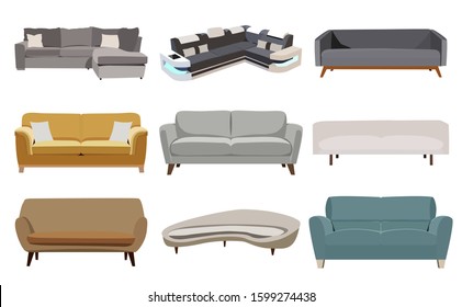 Set of sofa. Collection of sofa in flat cartoon style. Vector illustration