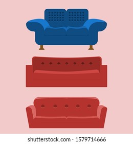 Set of sofa. Collection of sofa in flat style by classic blue and lush lava. Vector illustration