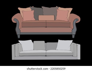 Set von Sofa- oder Couchfarben-Block-Illustrator. Möbelset für Wohnzimmer mit Farbblock. Vektorgrafik.
