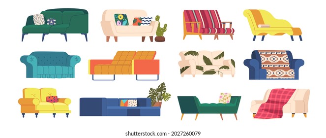 Set Of Sofa And Couch Of Different Design, Quilted Button Tufted Upholstery, Armrests, Wooden Thin Legs And Soft Seats. Classic Style Furniture, Cartoon Vector Lounges Isolated On White Background