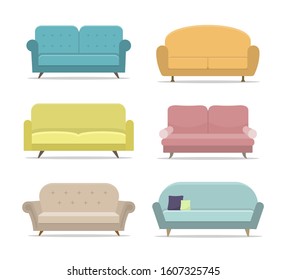 Set of sofa or couch. Flat house sofas on isolated background. Apartment furniture, office. Collection of divan for room interior. Armchair for lounge. Modern cartoon couch. Design vector illustration