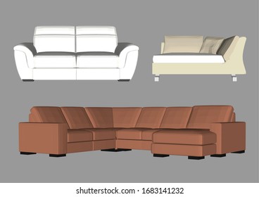 Conjunto de sofá o sofá. Sofás de una casa plana sobre un fondo aislado. Mobiliario de apartamento, oficina. Colección de diván para el interior de la habitación. Sillón para salón. Moderno sofá de caricaturas. Ilustración vectorial de diseño