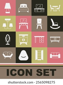 Set Sofa, Furniture nightstand, Rocking chair, TV table, Dressing, Chandelier, Table lamp and Chair icon. Vector