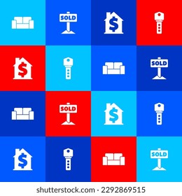 Set Sofa, Hanging sign with text Sold, House dollar symbol and key icon. Vector