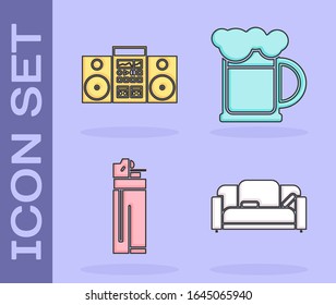 Set Sofa , Home stereo with two speakers , Lighter  and Wooden beer mug  icon. Vector