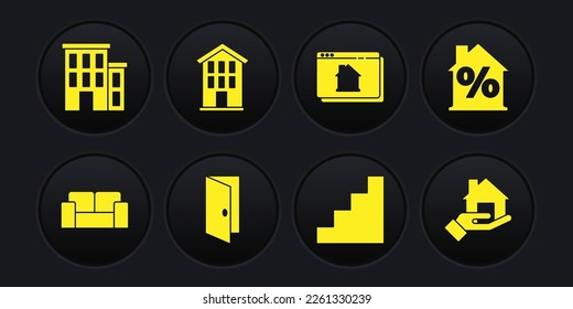 Set Sofa, House with percant discount, Closed door, Staircase, Online real estate house, Realtor and  icon. Vector