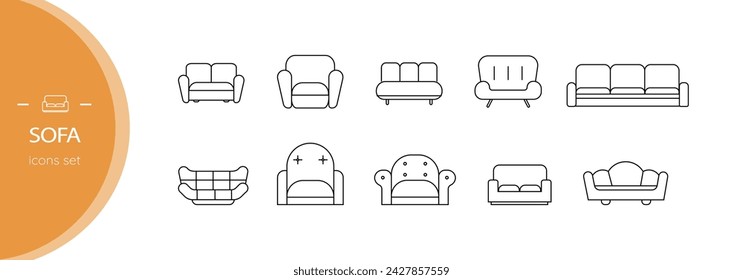 Set of sofa icons. Linear, vector, isolated on white background.