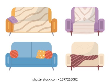 Set von Sofa-Illustrationen zum Thema Freizeitmöbel. Couch mit bunten Kissen Vektorgrafik. Sofas einzeln auf weißem Hintergrund. Möbelanordnung. Wohnzimmer Inneneinrichtung Divan Elemente