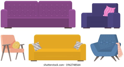 Set of sofa illustrations on theme of leisure furniture. Couch with colorful pillows vector. Sofas isolated on white background. Arrangement of furniture. Living room interior design divan elements