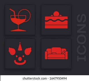 Set Sofa , Martini glass , Cake  and Clown head  icon. Vector