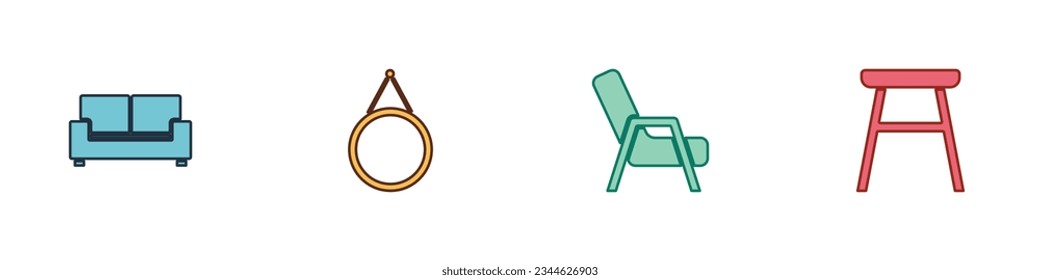 Set Sofa, Mirror, Armchair and Chair icon. Vector