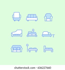 Set of sofa outline icons on green background