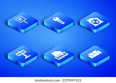 Set Sofa, Parking, Hanging sign with text Sold, House key and under protection icon. Vector