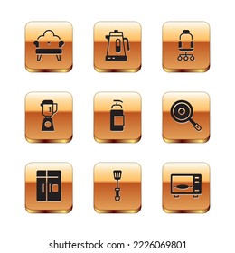 Set Sofa, Refrigerator, Spatula, Antibacterial soap, Blender, Office chair, Microwave oven and Electric kettle icon. Vector