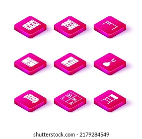 Set Sofa, Shelf with books, Furniture nightstand, Wardrobe, Chair, Vase, Office desk and  icon. Vector