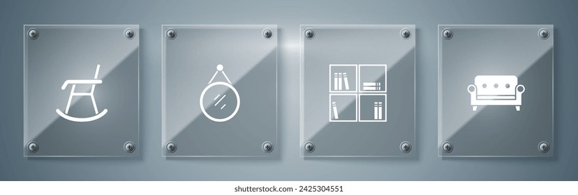 Set Sofa, Shelf with books, Mirror and Armchair. Square glass panels. Vector