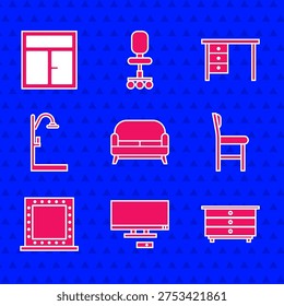 Set Sofa, Smart Tv, Chest drawers, Chair, Makeup mirror with lights, Shower, Office desk and Window in the room icon. Vector