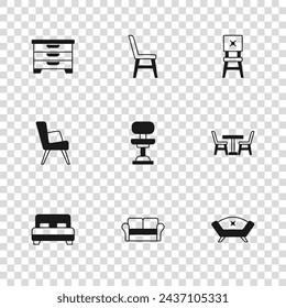 Set Sofa, Table with chair, Office, Chair, Chest drawers,  and Armchair icon. Vector