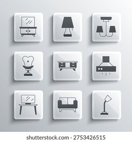 Set Sofa, Table lamp, Kitchen extractor fan, TV table stand, Armchair, Dressing and Chandelier icon. Vector