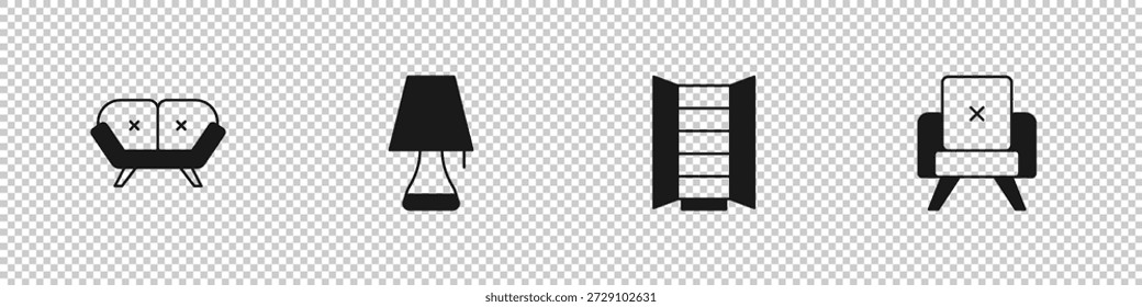 Set Sofa, luminária de mesa, Ícone do guarda-roupa e poltrona. Vetor