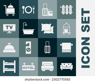 Set Sofa, Towel on hanger, Suitcase, Bathtub with shower, Smart Tv, Covered tray and Pillow icon. Vector