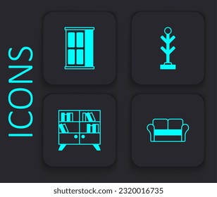 Set Sofa, Wardrobe, Coat stand and Library bookshelf icon. Black square button. Vector